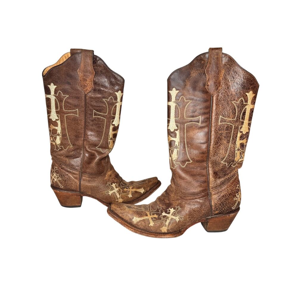 Circle G Women's 9 Western Brown Leather Cowboy Boots Cross Embroidered Country